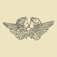 Romantic vintage engraving of two cherubs kissing with detailed wings, symbolizing love, harmony, and innocence, ideal for artistic and decorative projects.