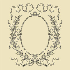 Highly detailed vintage floral frame with ribbons, leaves, and elegant embellishments, perfect for invitations, branding, and decorative designs.