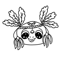 head of a cheerful axolotl in a traditional indian headdress, black outline