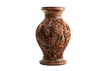 Intricate carved wooden vase, brown on a transparent background
