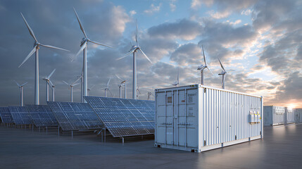 Obraz premium Energy storage systems with Solar farm and windmills. Battery container, renewable battery storage concept. 3d render Stock Illustration