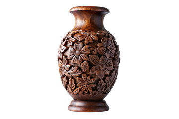 Intricate carved wooden vase, brown on a transparent background
