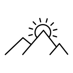 Minimalist line art icon featuring mountains and the sun. A clean and modern symbol representing nature, hiking, outdoor adventure, freedom, travel, and eco-tourism.
