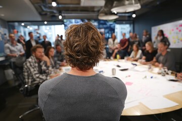 A man with curly hair sits at a large table, facing a large group of people in a modern office setting during a meeting or presentation.  Papers and devices are scattered on the table