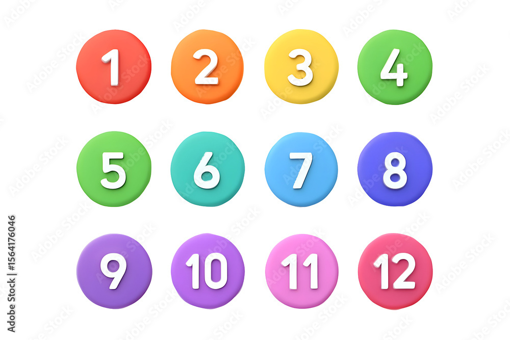 Poster brightly colored, circular buttons numbered 1 through 12 in a grid format