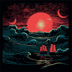 Cruise sailboat print hand drawn vector illustration t-shirt print