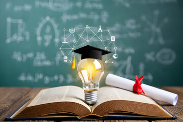Illuminated Graduation Idea: Glowing Lightbulb with Cap, Open Book, Diploma, Chalkboard Background
