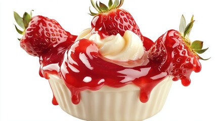 Cutout of strawberry sauce splashing onto a dish of vanilla pudding, its glossy red streaks creating a playful dessert vibe, isolated on a PNG transparent background