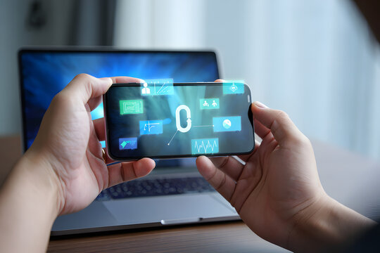 Person holding smartphone displaying futuristic digital interface, data analytics, modern technology, business concept.