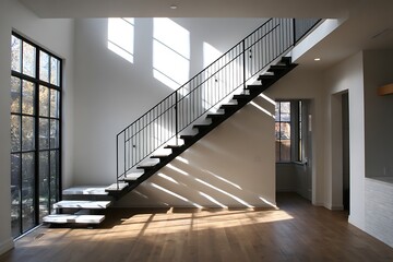 Fototapeta premium Dynamic modern minimalist black white staircase interior scene 