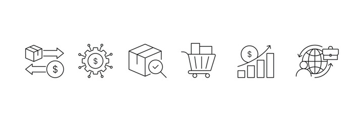 Set of Selling product line icon collection. Delivery, retailer, cargo, supply symbol.