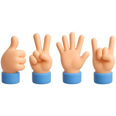 Cartoon hands displaying various gestures approval, peace, open, and rock