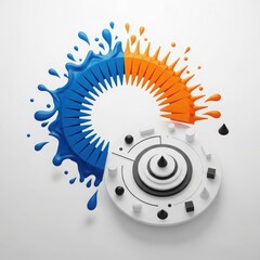 Fototapeta premium Abstract circular design featuring a splash of blue and orange liquid with geometric shapes and a white circular base