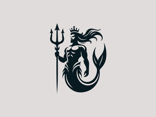 Vintage engraved king mermaid with trident vector logo for rum distilleries or pirate-themed bars