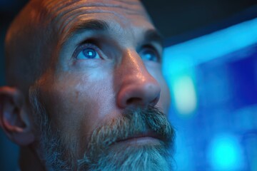 Close-up portrait of a mature man deep in thought, working in a creative office with AI data displayed on a digital screen and blue lights, embodying a futuristic tech concept.