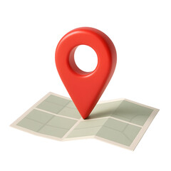 Red map pointer standing upright on a folded map, isolated on a black background