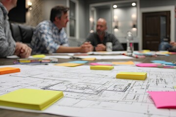 A team of men sits around a large table strewn with architectural blueprints and colorful sticky notes during a collaborative meeting