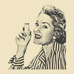 Vintage retro engraving of a happy woman holding an inhaler. 1950s-style health advertisement.
