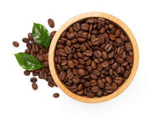 Bowl with coffee beans isolated on white,top view