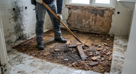 Man Removing Damaged Bathroom Flooring, Mold Infestation, Renovation, Construction, Demolition, Destruction