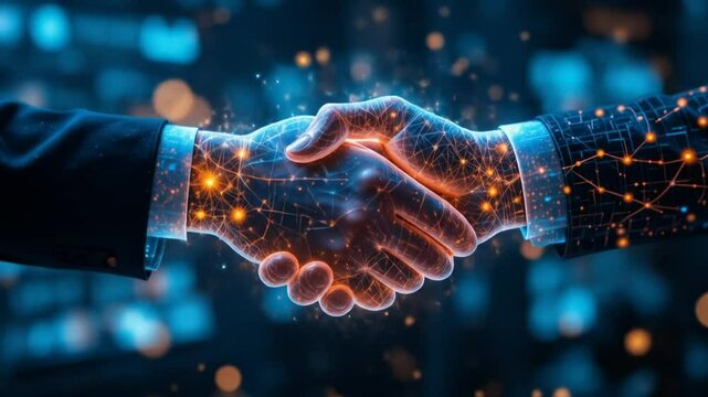 Handshake between virtual human forms. Glowing digital particles merge, forming an online connection of agreement. 4k video