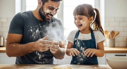 Father and daughter laughing while covered in flour during baking time