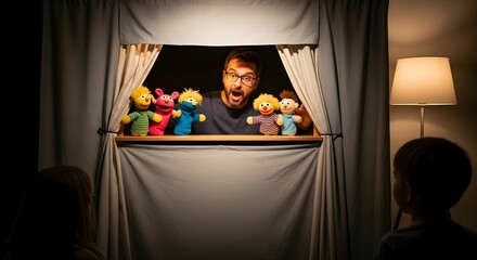 Man performs a puppet show with colorful puppets for children audience