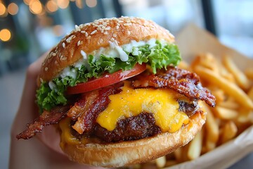 Delicious Cheeseburger with Bacon and Fries Eaten in Fast Food Photo  

