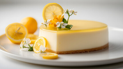 Refreshing Lemon Cheesecake with Vibrant Citrus Slices and Delicate White Flowers