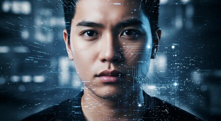 Asian Man Face with Circuit Board Overlay, Modern Technology and Digital Transformation Concept.