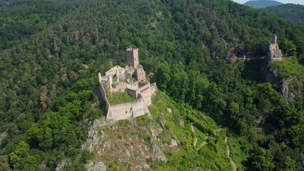 les Trois Châteaux de Ribeauvillé beautiful castle in alsace france drone photography
