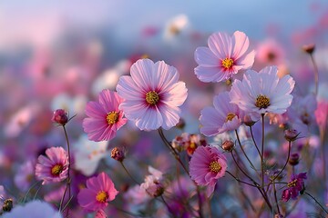 Fototapeta premium Vibrant pink white cosmos flower field soft light scene 