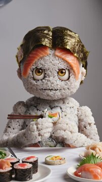 Whimsical sushi character made entirely of rice seaweed and salmon holding chopsticks at a traditional Japanese cuisine table