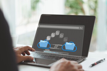 Cloud data transfer and file sharing, digital folder backup and document migration system. Hand...