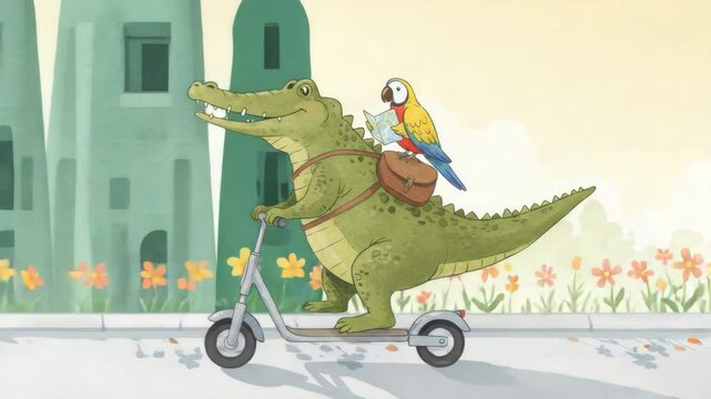Watercolor Crocodile Smiling on Scooter with Parrot Holding Map along Sunny City Sidewalk with Flowers