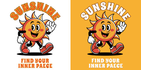 Vintage Sunshine Illustration: A retro illustration of a smiling sun with a cheerful expression invites viewers to 