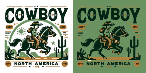 Cowboy Riding Horse: A dashing cowboy rides a galloping horse across the desert landscape, showcasing a retro illustration style, perfect for western-themed designs. 