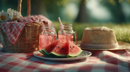 Fresh watermelon slices on a picnic table with straw hat and jars in a sunny outdoor setting