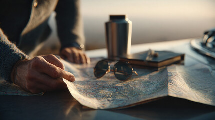 Traveler Unfolding Map on Car Hood at Sunset