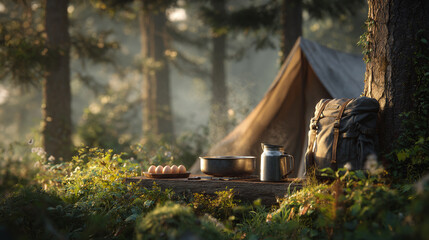 Camping scene with cooking equipment, backpack, and tent surrounded by lush forest greenery