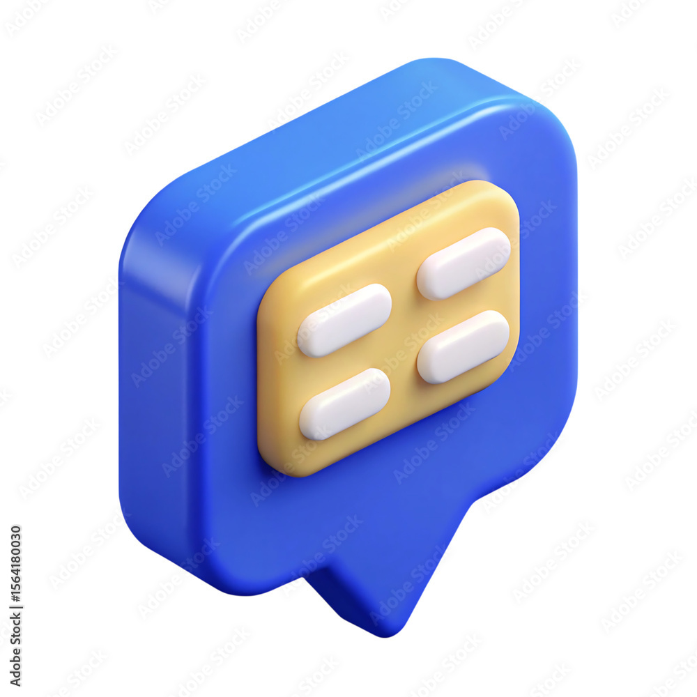 Poster 3d rendered blue chat bubble with rounded buttons on a black background