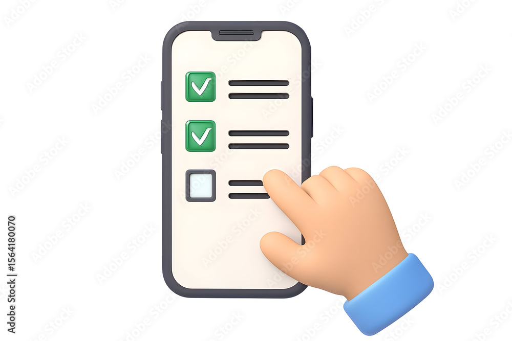Aufkleber 3d phone screen checks and task list, finger pointing to an empty checkbox