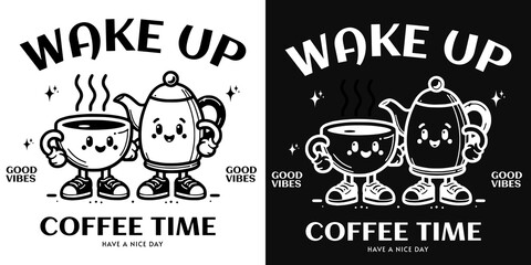 Coffee Time Cheer: Artistic monochrome illustration captures the essence of a joyful morning coffee ritual, evoking feelings of warmth and positivity. The coffee cup and tea pot figures.