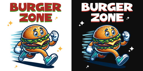 Running Burger Mascot: A cartoon burger, personified with a lively face and running pose, dashes across the frame, embodying speed and the fun of a quick meal.