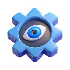 3d rendered blue gear with eye symbol representing vision and settings icon