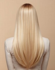 Beautiful woman with long blonde hair, viewed from the back, showcasing a sleek, straight hairstyle for a beauty salon advertisement. Hair isolated on a beige background.