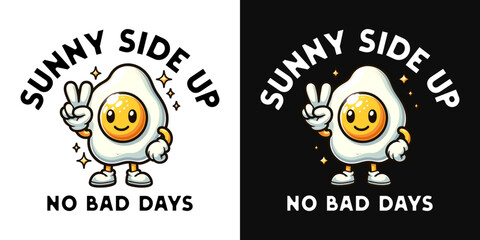 Cheerful sunny side up egg mascot with peace sign: A whimsical and radiant design featuring an anthropomorphic sunny-side-up egg mascot radiating positivity and good vibes with its peace sign.