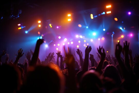 Crowd dancing under colorful lights at a lively party or concert. High quality - Powered by Adobe