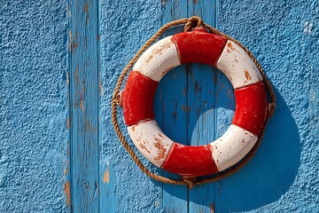Vibrant red white lifebuoy blue background maritime safety scene  
