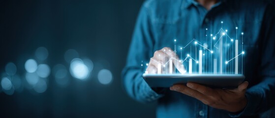 Digital tablet showing upward trending graphs business growth concept